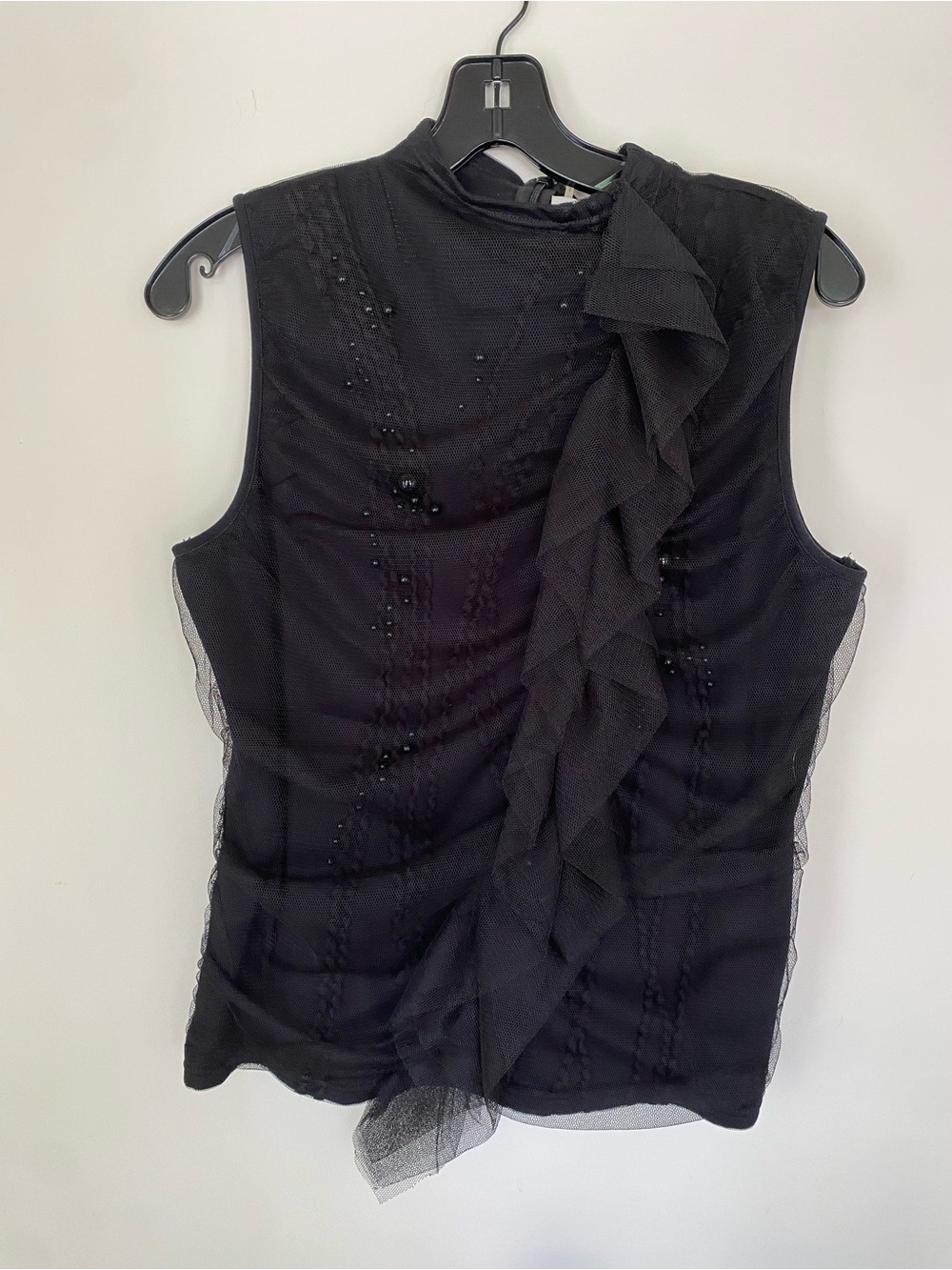 Teri Jon Black Sleeveless Ruffle Mesh Camisole
